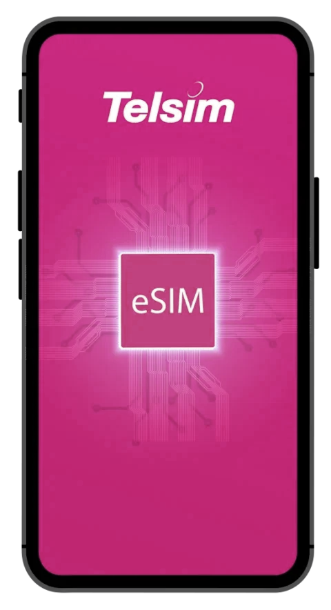 A mobile phone showing a screen with Telsim's eSIM Australia best-prepaid plan logo